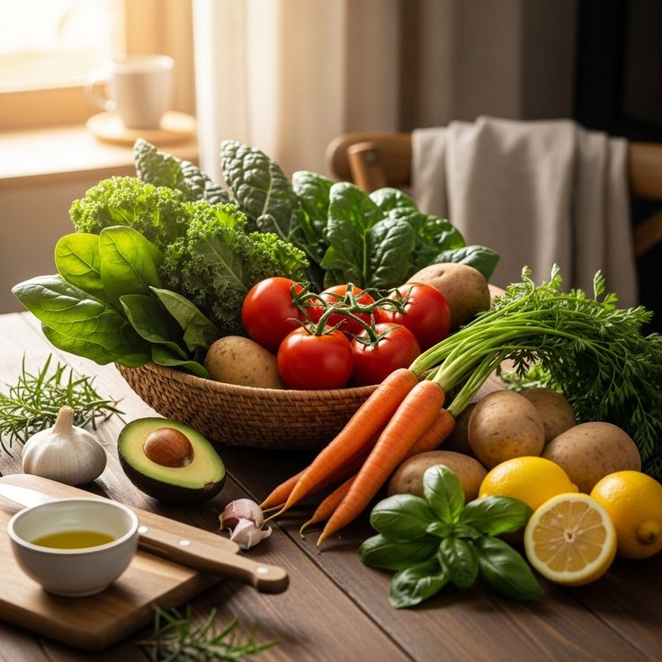 Colourful assortment of vegetables and grains arranged on a wooden table
